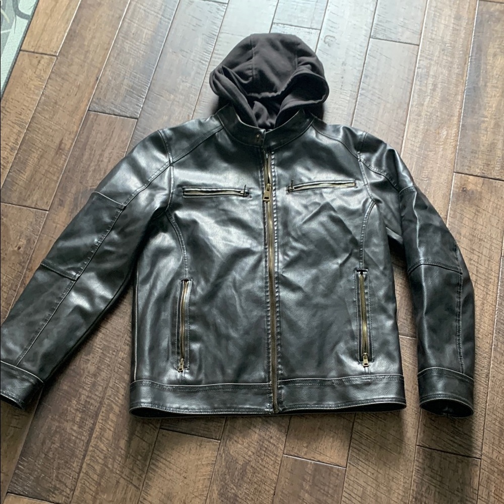 Men's Black Leather Jacket with Hood